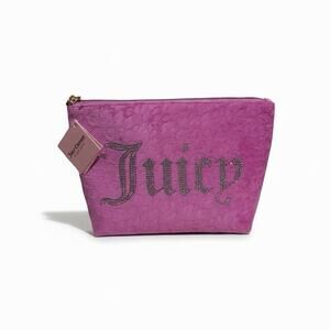 Juicy Couture Rhinestone Logo Pink Velour Makeup Pouch Large Zip Bag Travel NWT